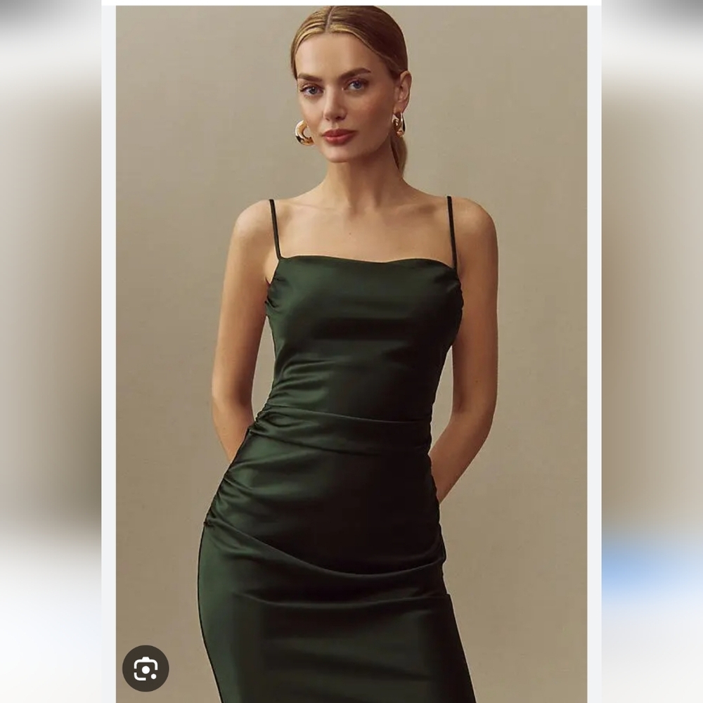 $198 Anthropologie, BHLDN Emery/Green Square Neck Stretch Satin Midi Dress